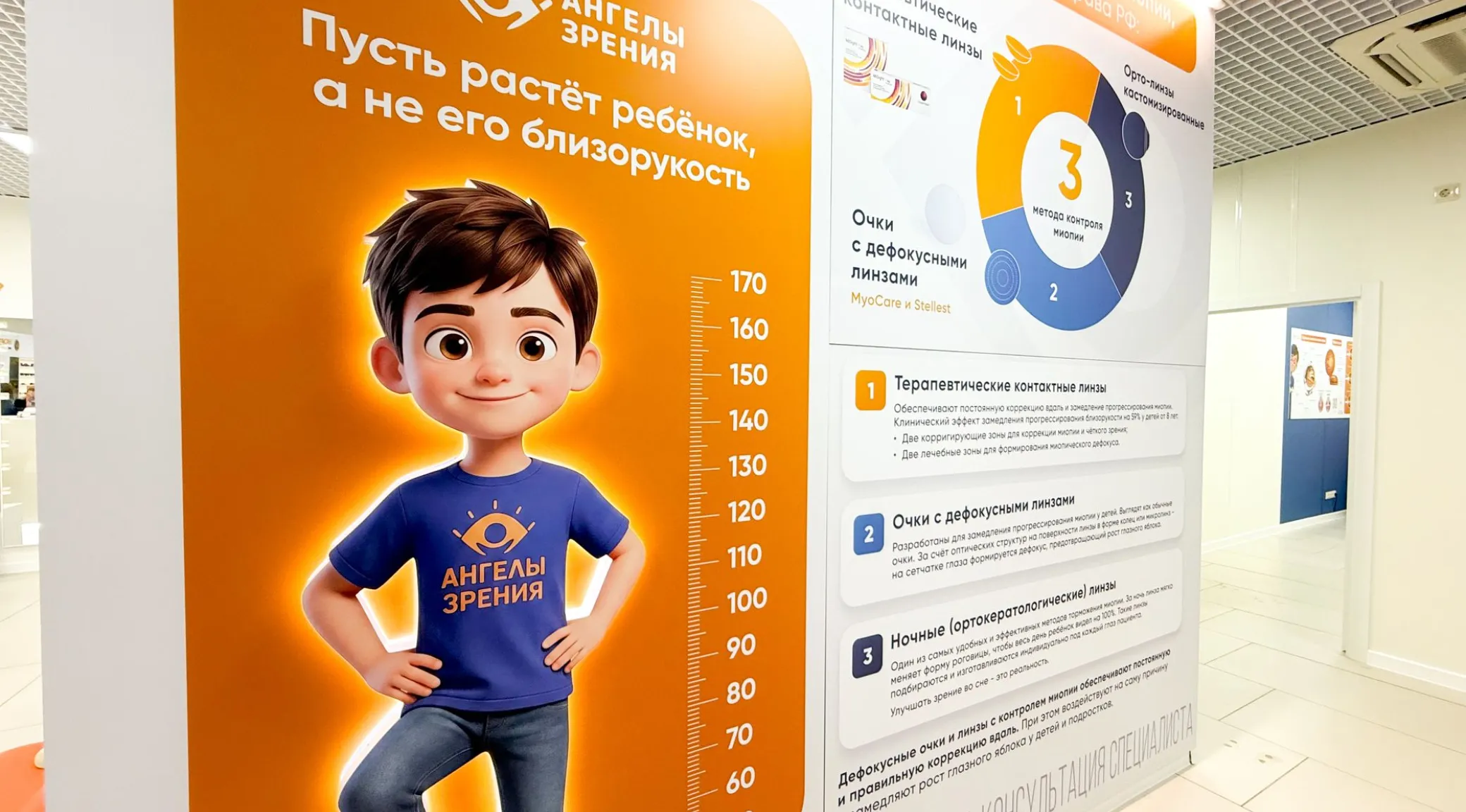 Оформление салона оптики: световой короб с маскотом и брендирование «Ангелы зрения» фото